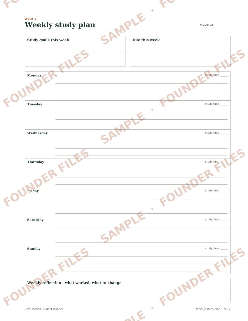 Weekly study plan — watermarked sample