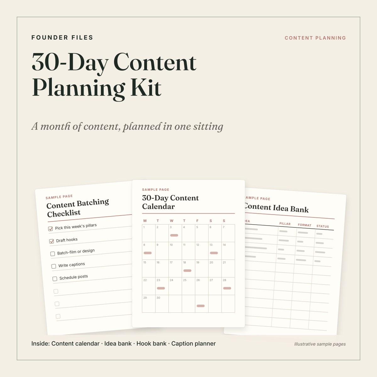 30-Day Content Planning Kit cover with sample content calendar, idea bank and batching checklist pages
