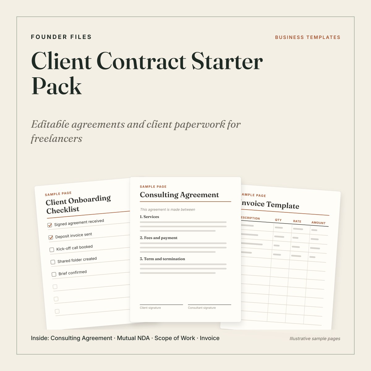 Client Contract Starter Pack cover with sample consulting agreement, onboarding checklist and invoice pages on ivory
