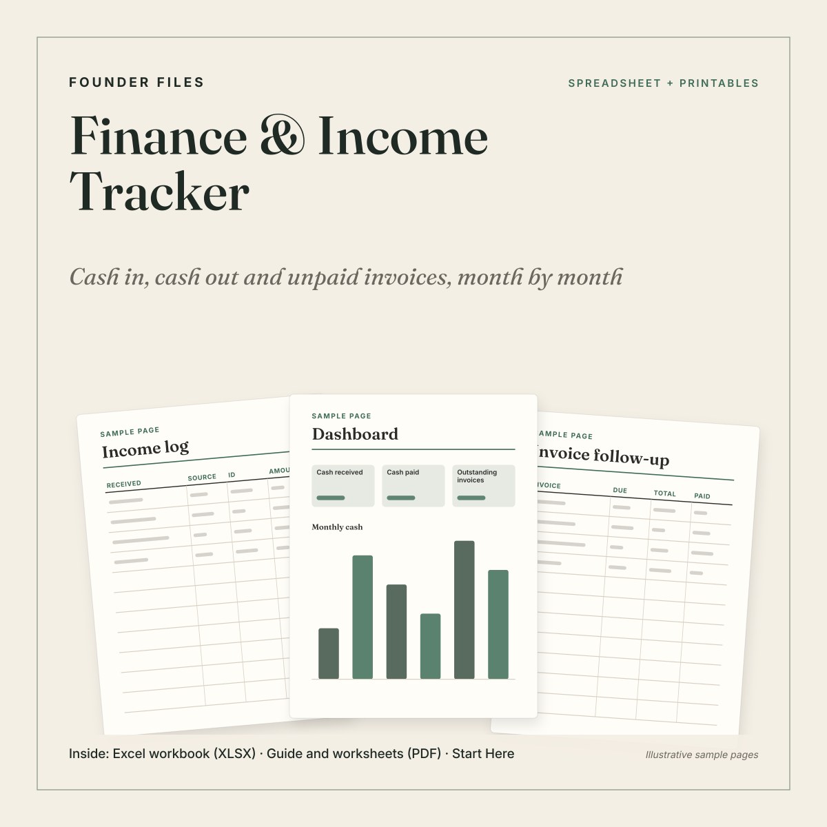 Finance & Income Tracker cover with sample dashboard, income log and invoice follow-up pages on ivory