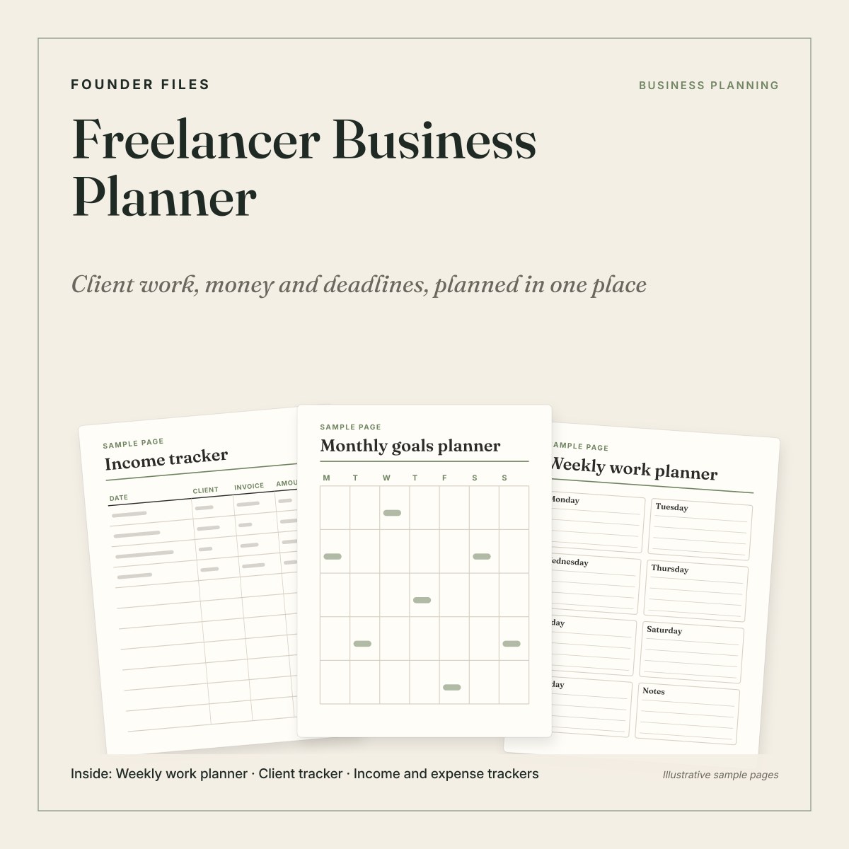 Freelancer Business Planner cover with sample income tracker, monthly goals and weekly planner pages on ivory