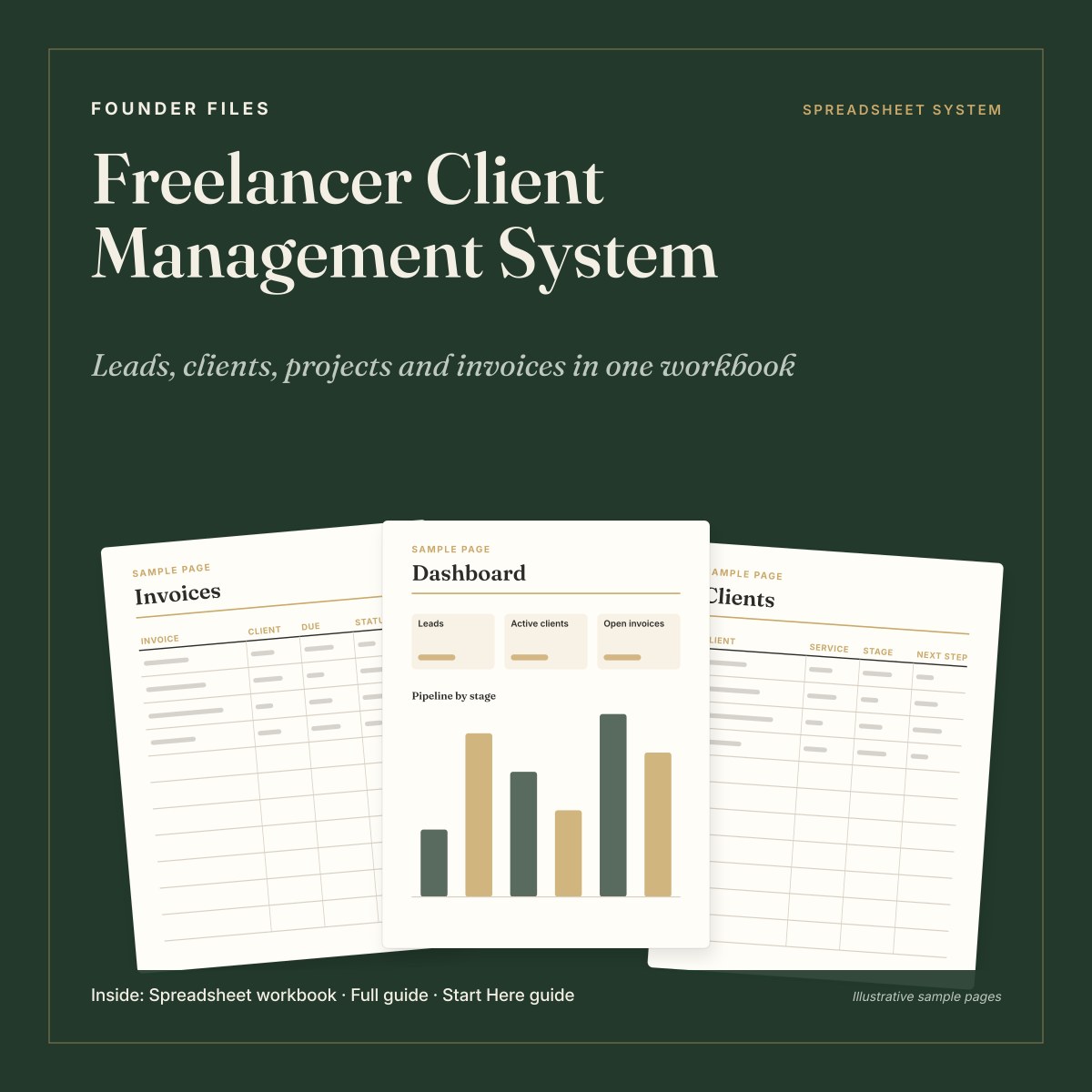 Freelancer Client Management System cover in forest green with sample dashboard, clients and invoices sheets