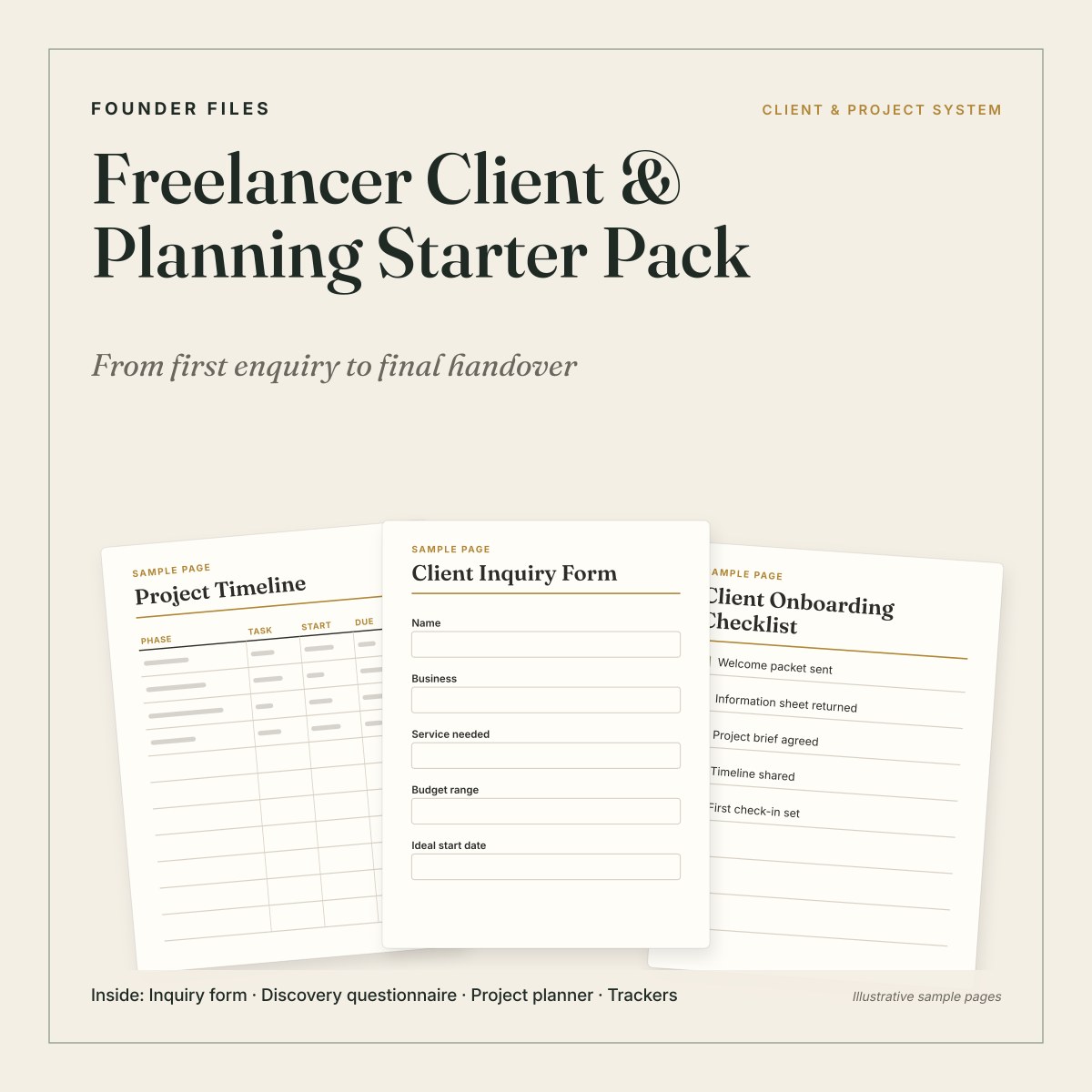 Freelancer Client and Planning Starter Pack cover with sample inquiry form, project timeline and onboarding checklist pages