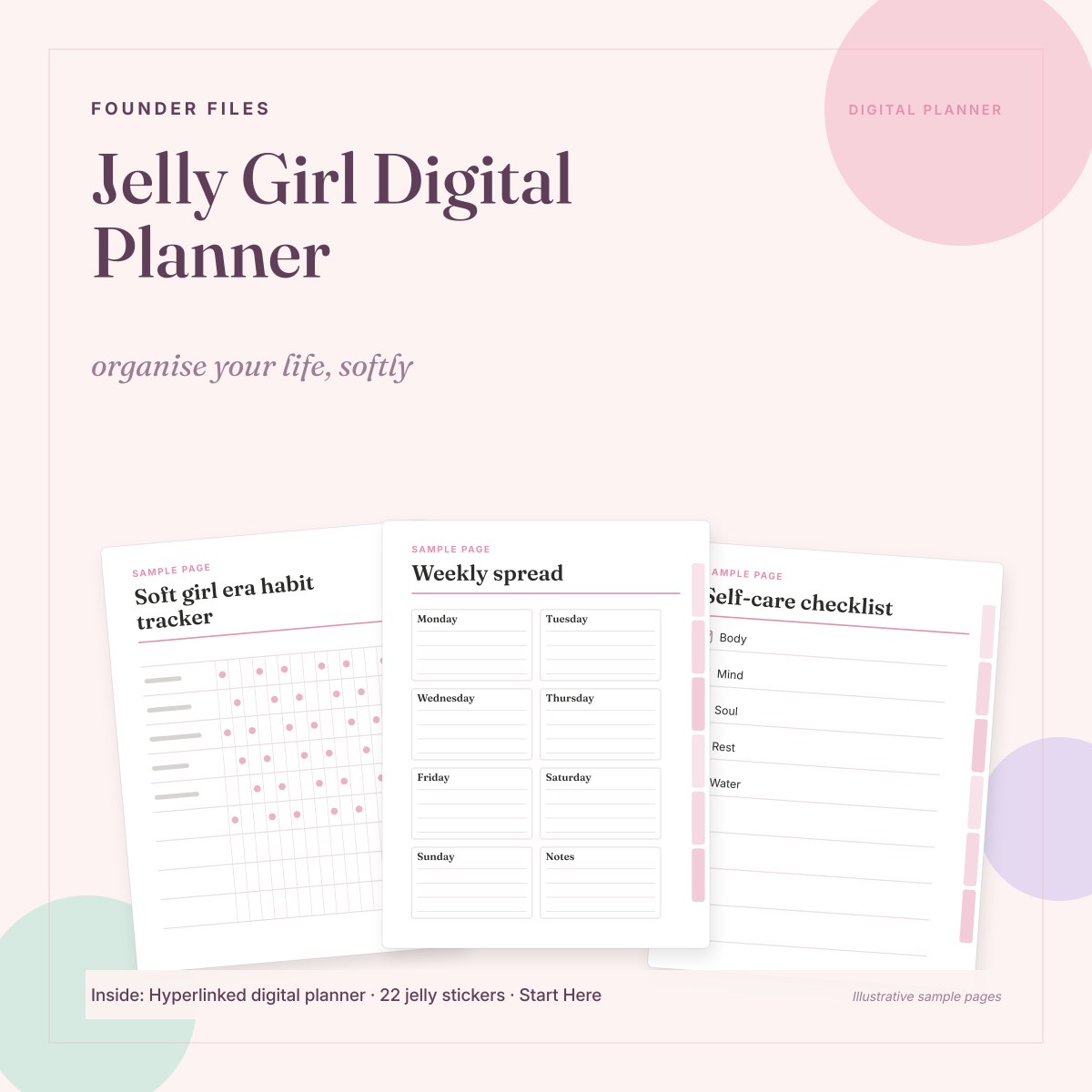 Jelly Girl Digital Planner cover in pastel pink with sample weekly spread, habit tracker and self-care pages