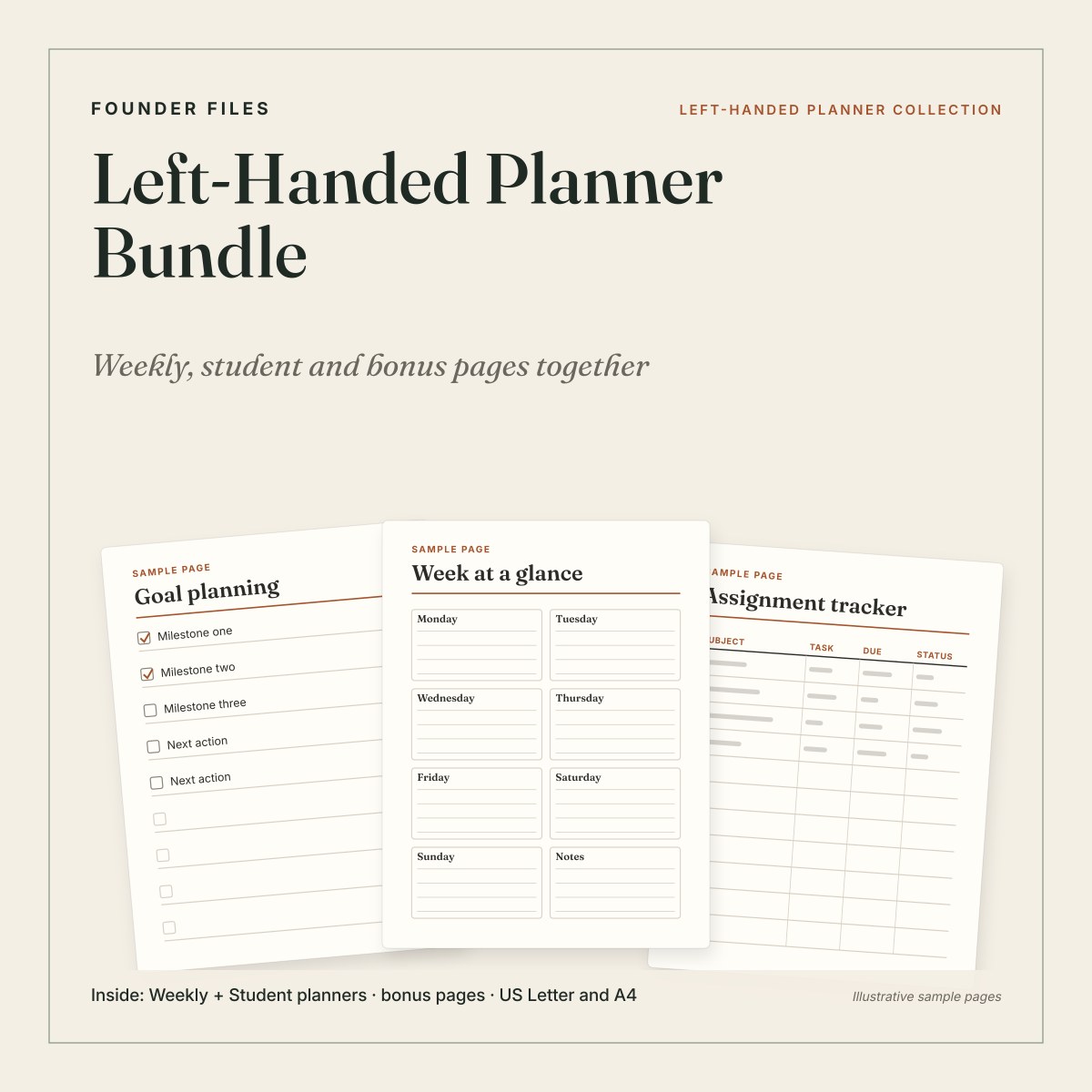 Left-Handed Planner Bundle cover with sample weekly, assignment tracker and goal planning pages on ivory
