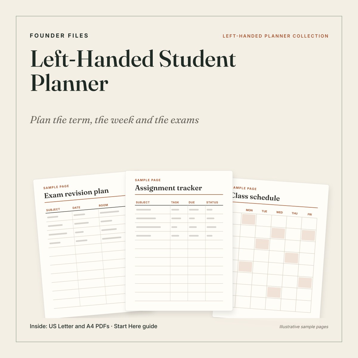 Left-Handed Student Planner cover with sample assignment tracker, class schedule and exam revision pages on ivory