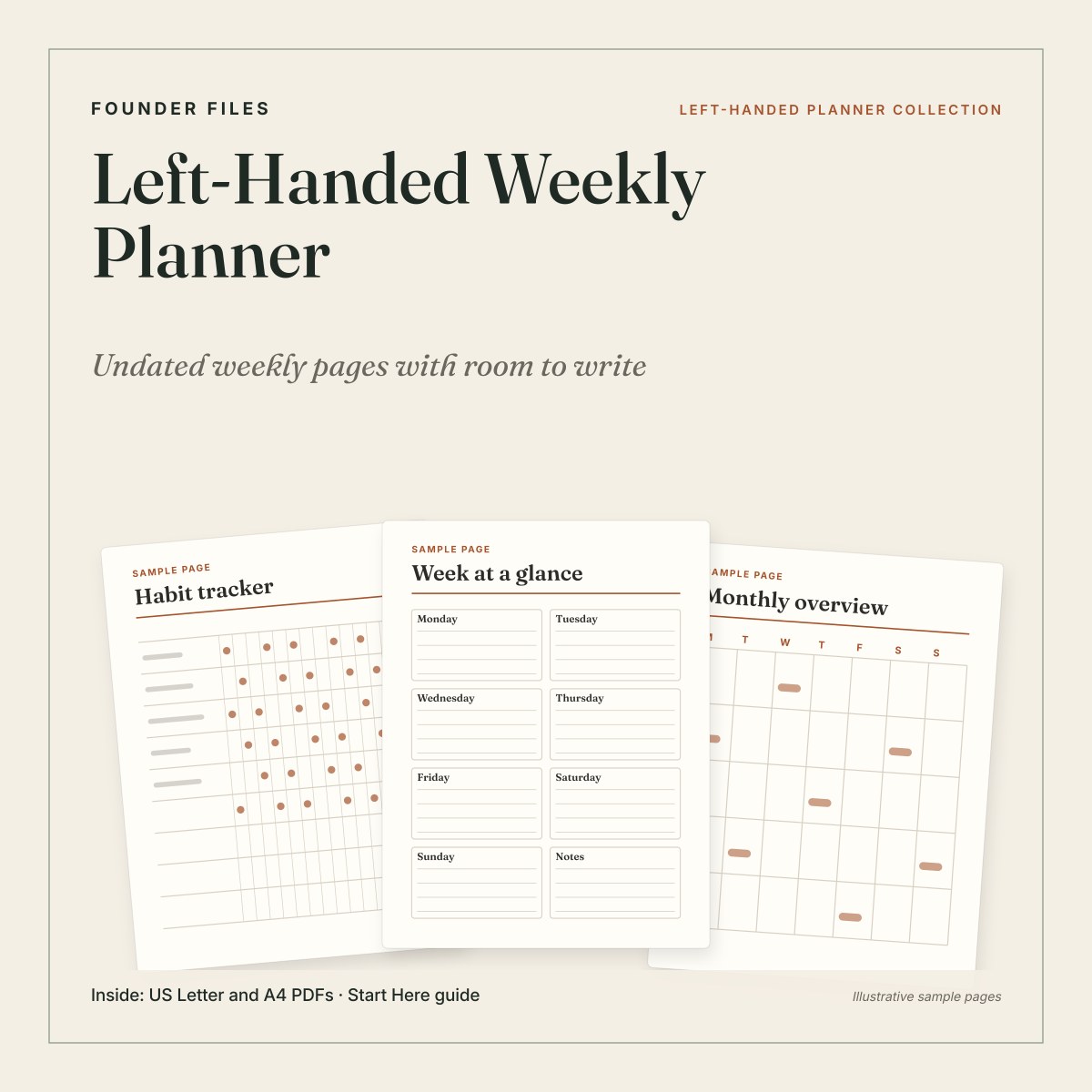 Left-Handed Weekly Planner cover with sample week at a glance, monthly overview and habit tracker pages on ivory