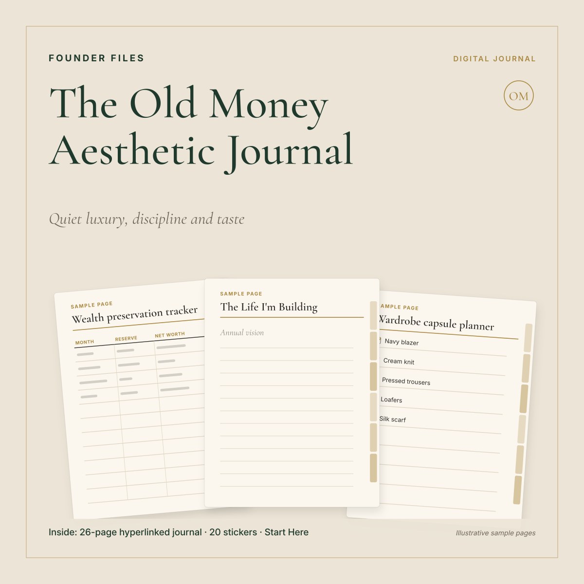 The Old Money Aesthetic Journal cover in cream, forest and gold with sample vision, wealth tracker and wardrobe pages