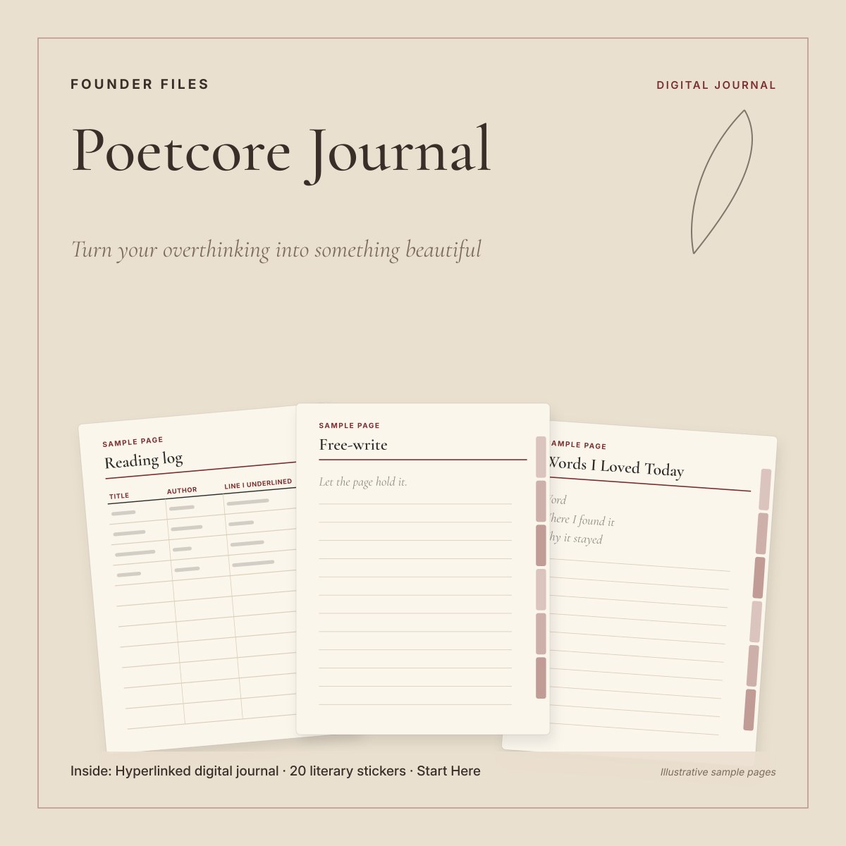 Poetcore Journal cover in vintage paper tones with sample free-write, reading log and word tracker pages