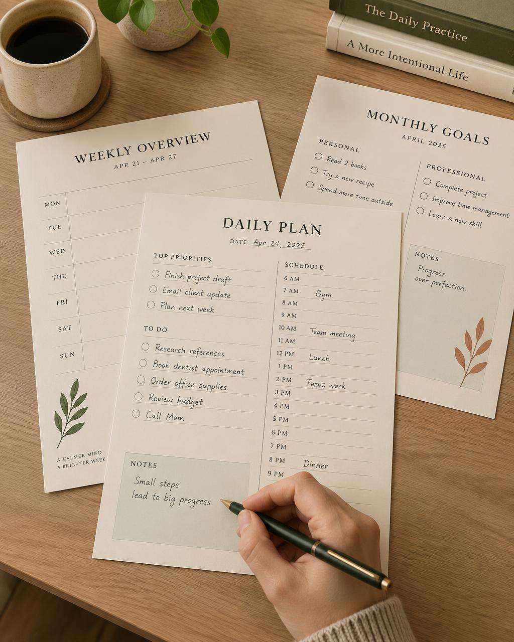 Loose ivory planning pages on an oak desk with a left hand writing on the top page